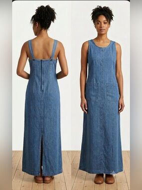 VINTAGE L.L. Bean Denim Jumper Dress Women’s Pocket Maxi Sleeveless Sz 6 Petite